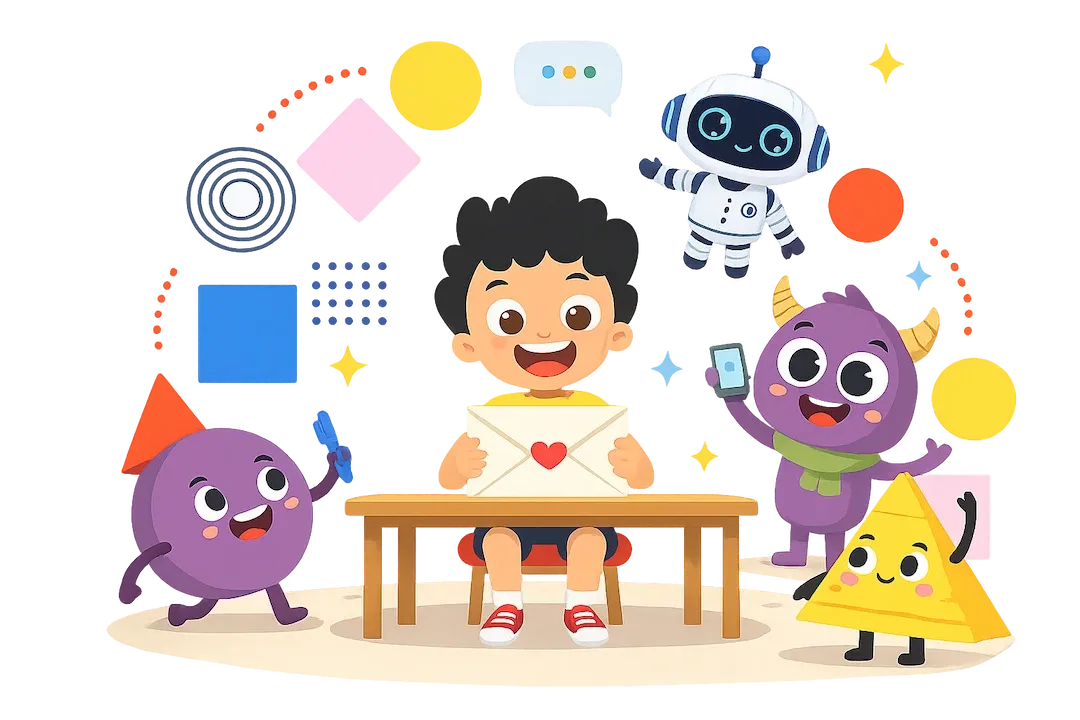 Niño y figuras animadas haciendo manualidades