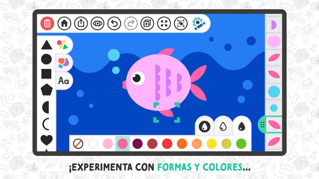 Pantalla de Art Adventure con la barra de figuras —triángulo, círculo, cuadrado, pentágono, semicírculo, luna y corazón— y un pez rosa hecho con esas piezas sobre un fondo marino