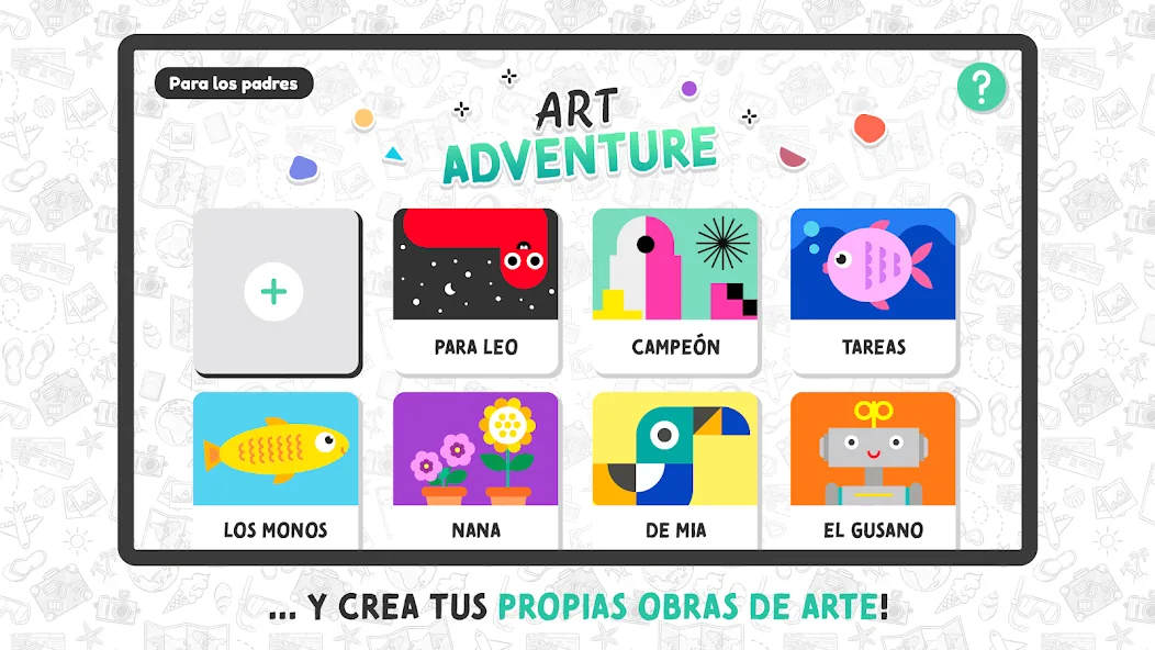 Galería de obras guardadas en Art Adventure, cada una con su nombre, y el botón «Para los padres» arriba a la izquierda