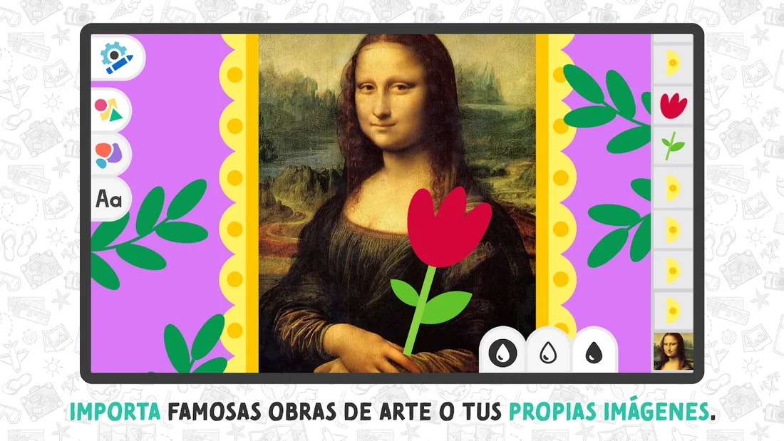 La Gioconda importada al lienzo de Art Adventure y decorada con un tulipán hecho de figuras geométricas