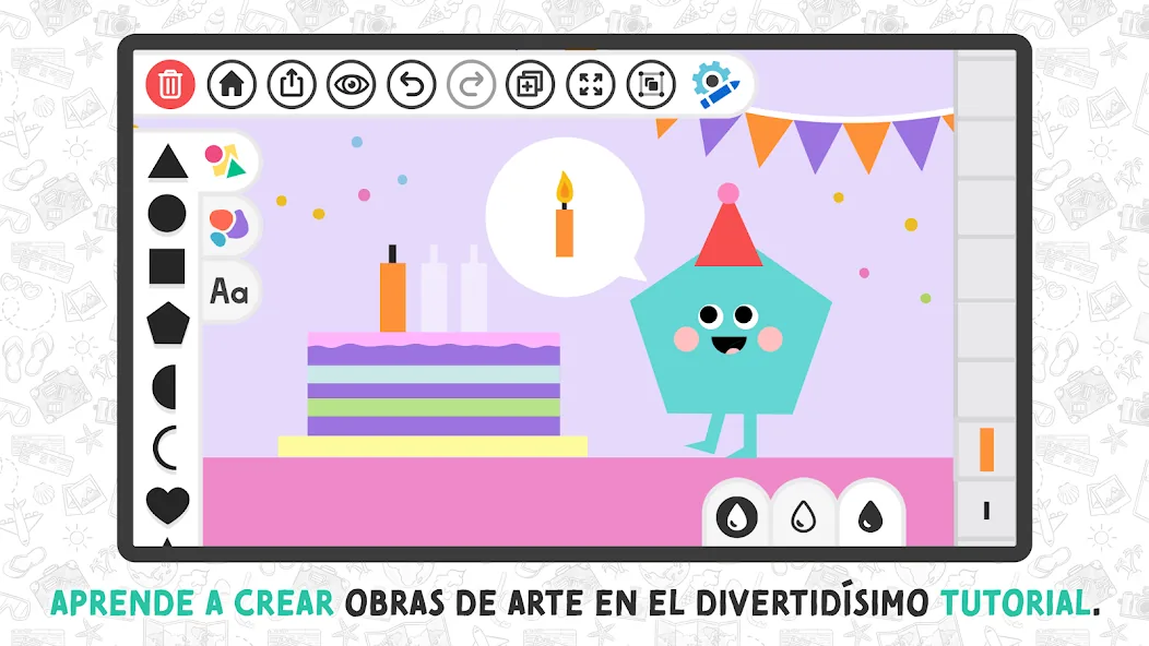 Tutorial de Art Adventure: un personaje con forma de pentágono y gorro de fiesta junto a una tarta de cumpleaños hecha con rectángulos