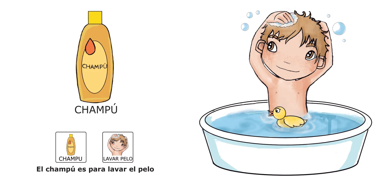La bañera de José: José se lava el pelo con espuma dentro de la bañera junto a un bote de champú y el texto «El champú es para lavar el pelo»