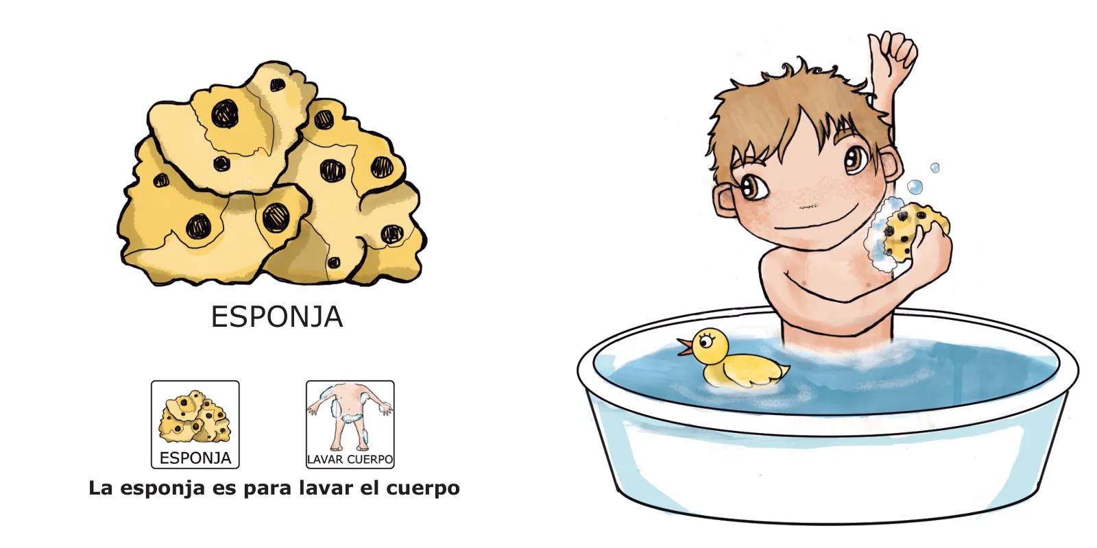 La bañera de José: José se frota el brazo con una esponja amarilla al lado del patito de goma, con el texto «La esponja es para lavar el cuerpo»