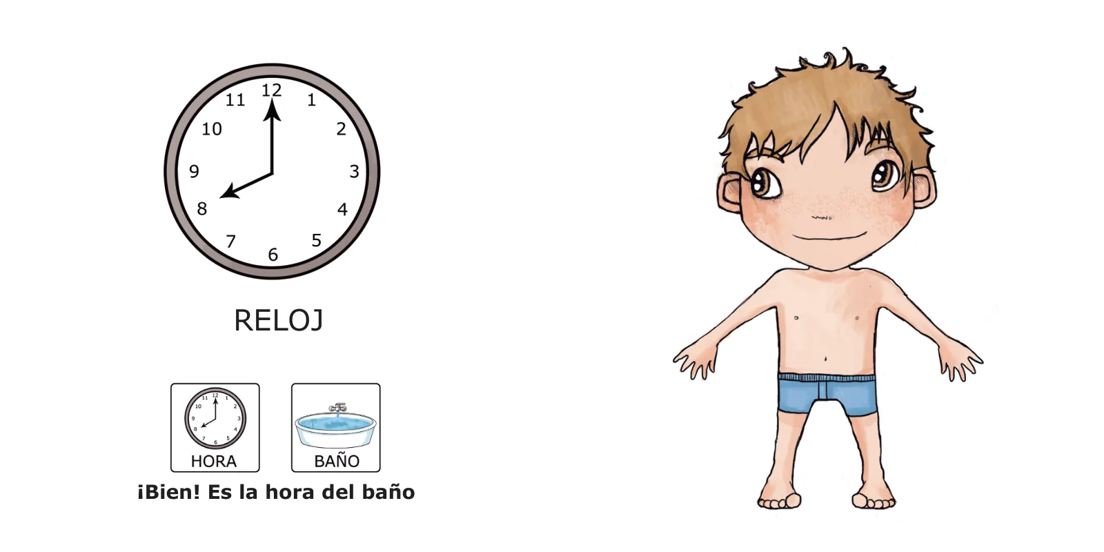 La bañera de José: José en calzoncillos azules junto a un reloj que marca las ocho y el texto «¡Bien! Es la hora del baño»