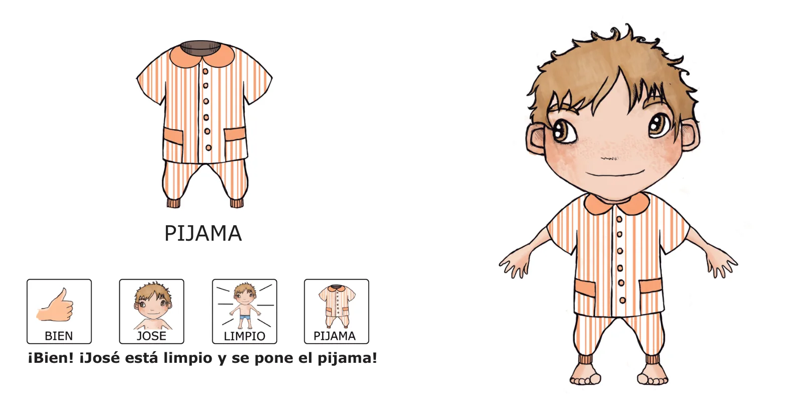 La bañera de José: José con pijama de rayas naranjas y el texto «¡Bien! ¡José está limpio y se pone el pijama!»