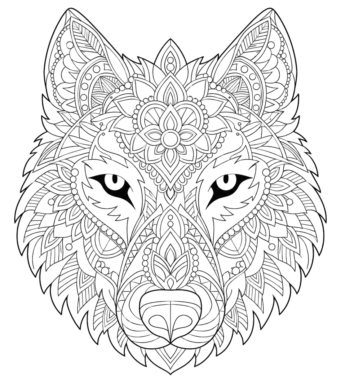 Mandala de animales para colorear, con la cabeza de un lobo y una flor entre las orejas