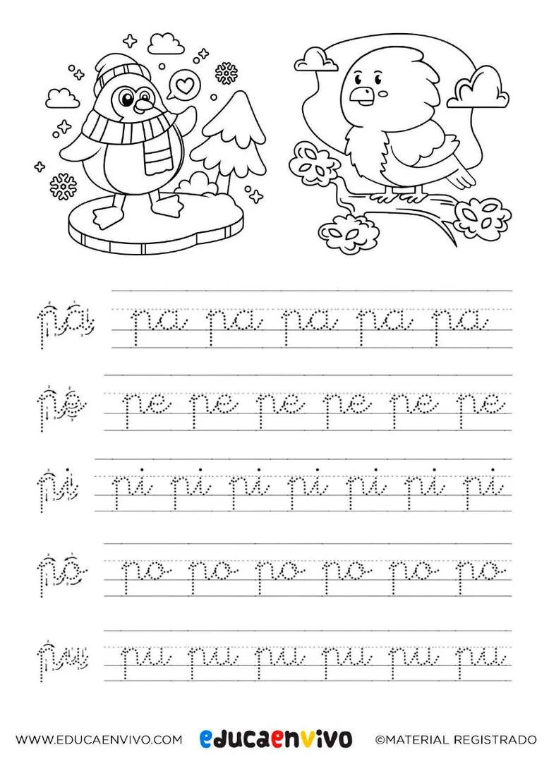 Ficha de las sílabas pa, pe, pi, po, pu en cursiva sobre pauta, con un pingüino y un pájaro