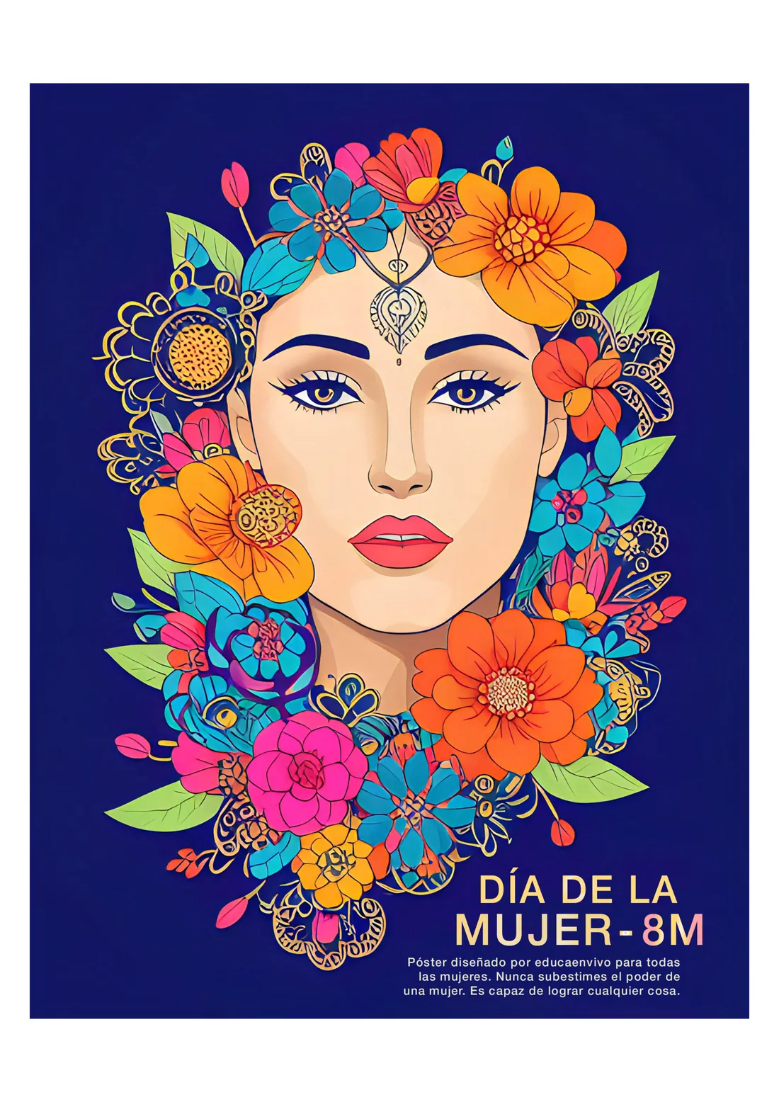 Cartel del Día de la Mujer sobre fondo azul noche con un rostro femenino coronado de flores de colores vivos
