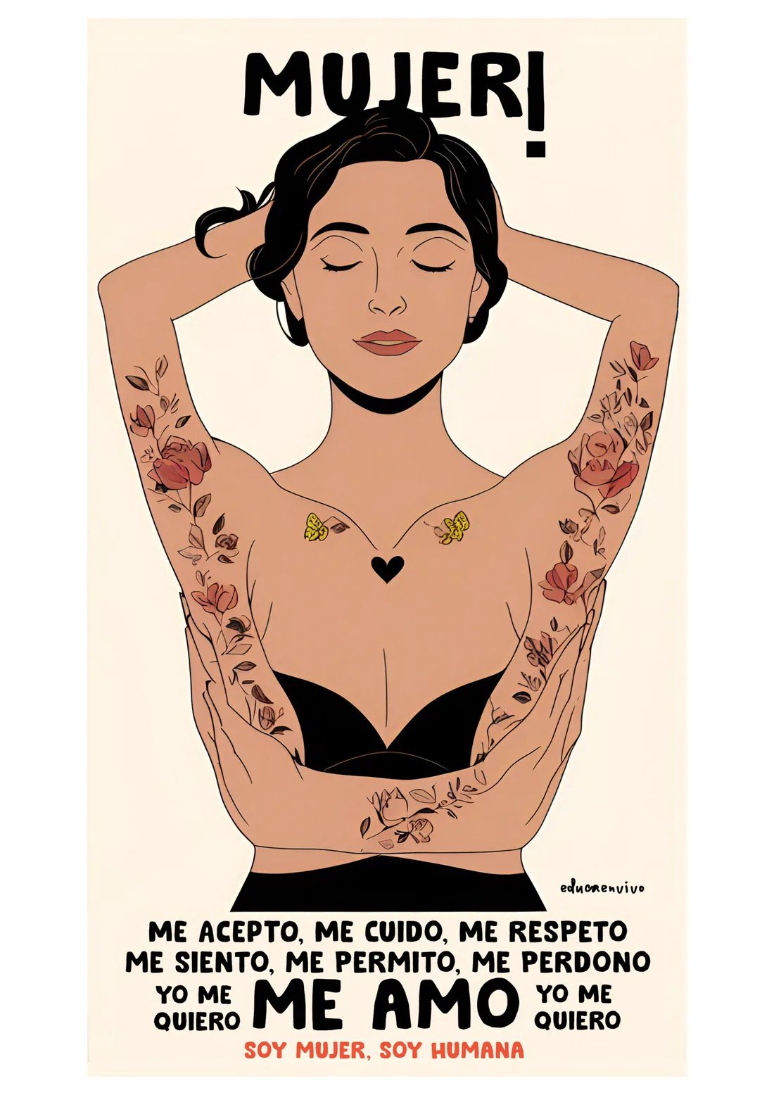 Cartel del 8M con una mujer de brazos alzados y tatuajes de flores, y el lema «me acepto, me cuido, me respeto… me amo. Soy mujer, soy humana»