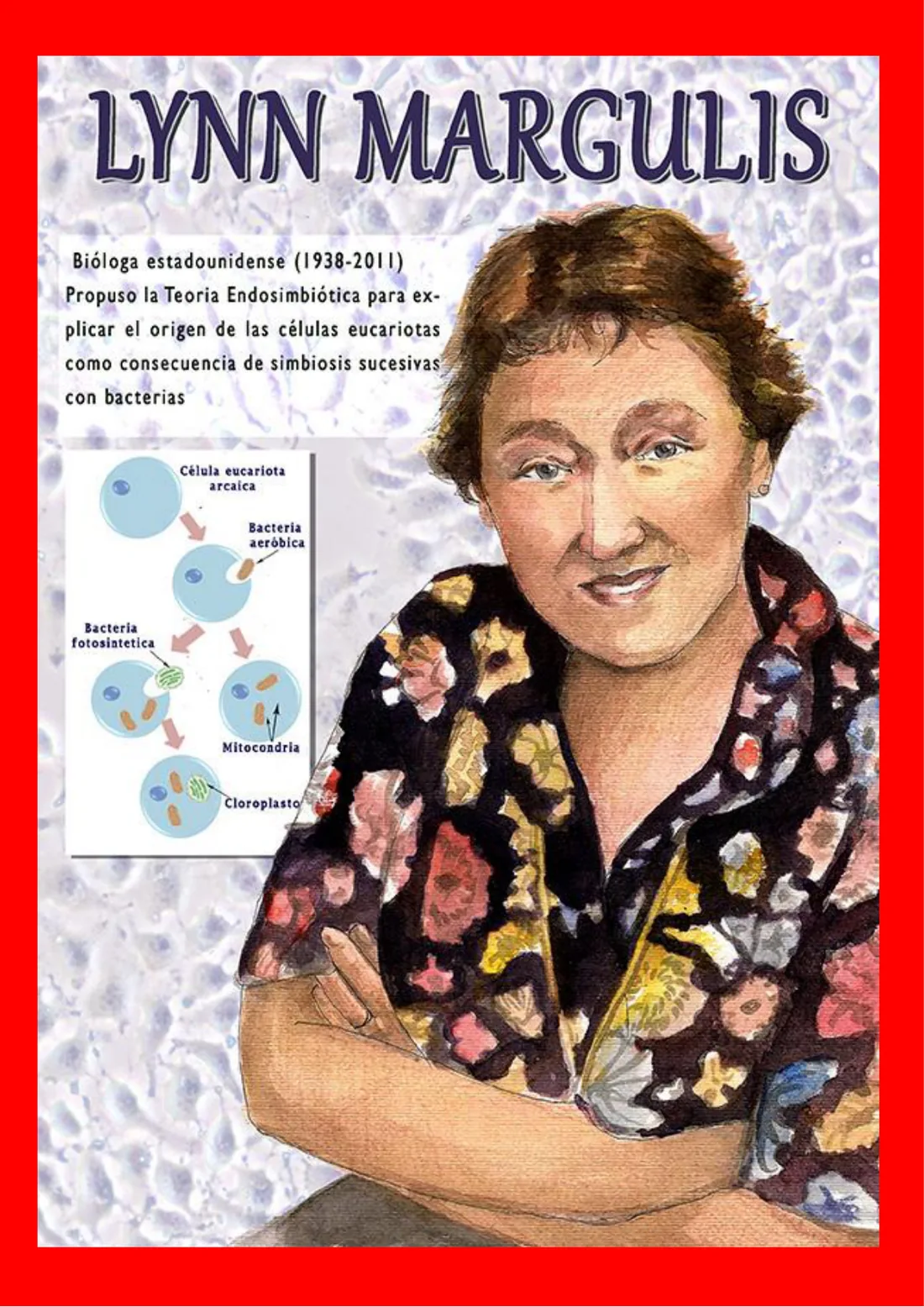 Cartel de Lynn Margulis, bióloga estadounidense autora de la teoría endosimbiótica, junto a un esquema del origen de la célula eucariota