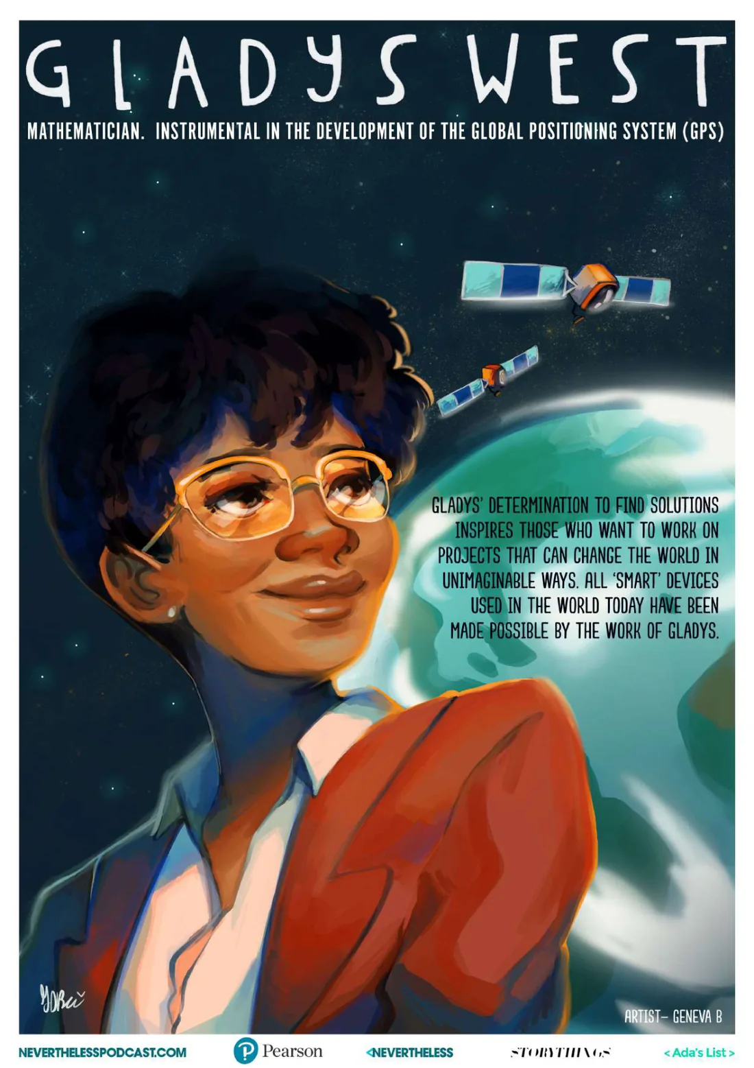Póster ilustrado de Gladys West, matemática cuyo trabajo fue decisivo en el desarrollo del GPS, ilustrado por Geneva B