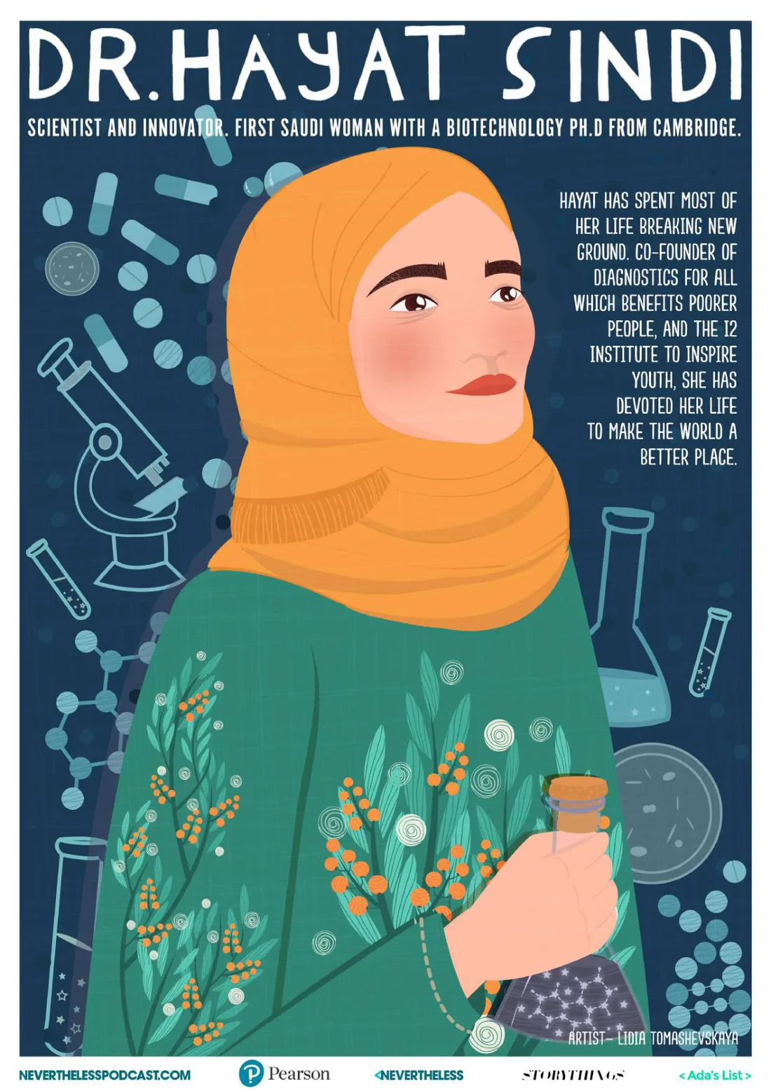 Póster ilustrado de la doctora Hayat Sindi, primera saudí con un doctorado en biotecnología por Cambridge, ilustrado por Lidia Tomashevskaya