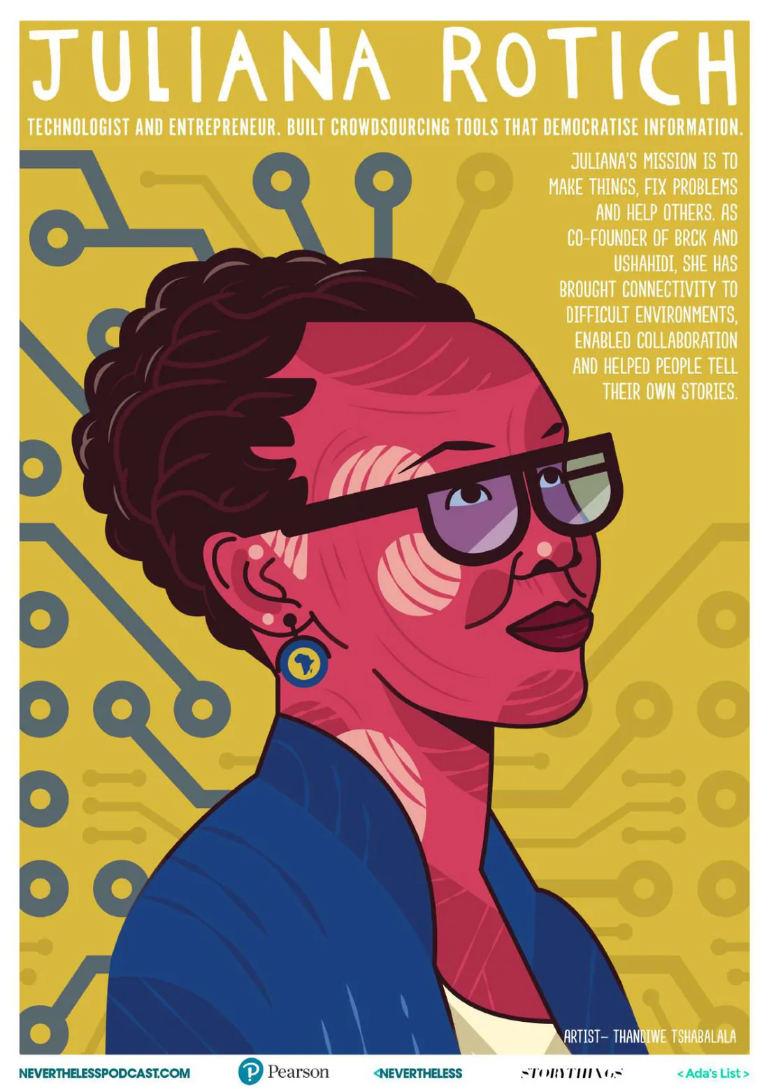 Póster ilustrado de Juliana Rotich, tecnóloga keniana cofundadora de Ushahidi y BRCK, sobre un fondo de circuitos, ilustrado por Thandiwe Tshabalala