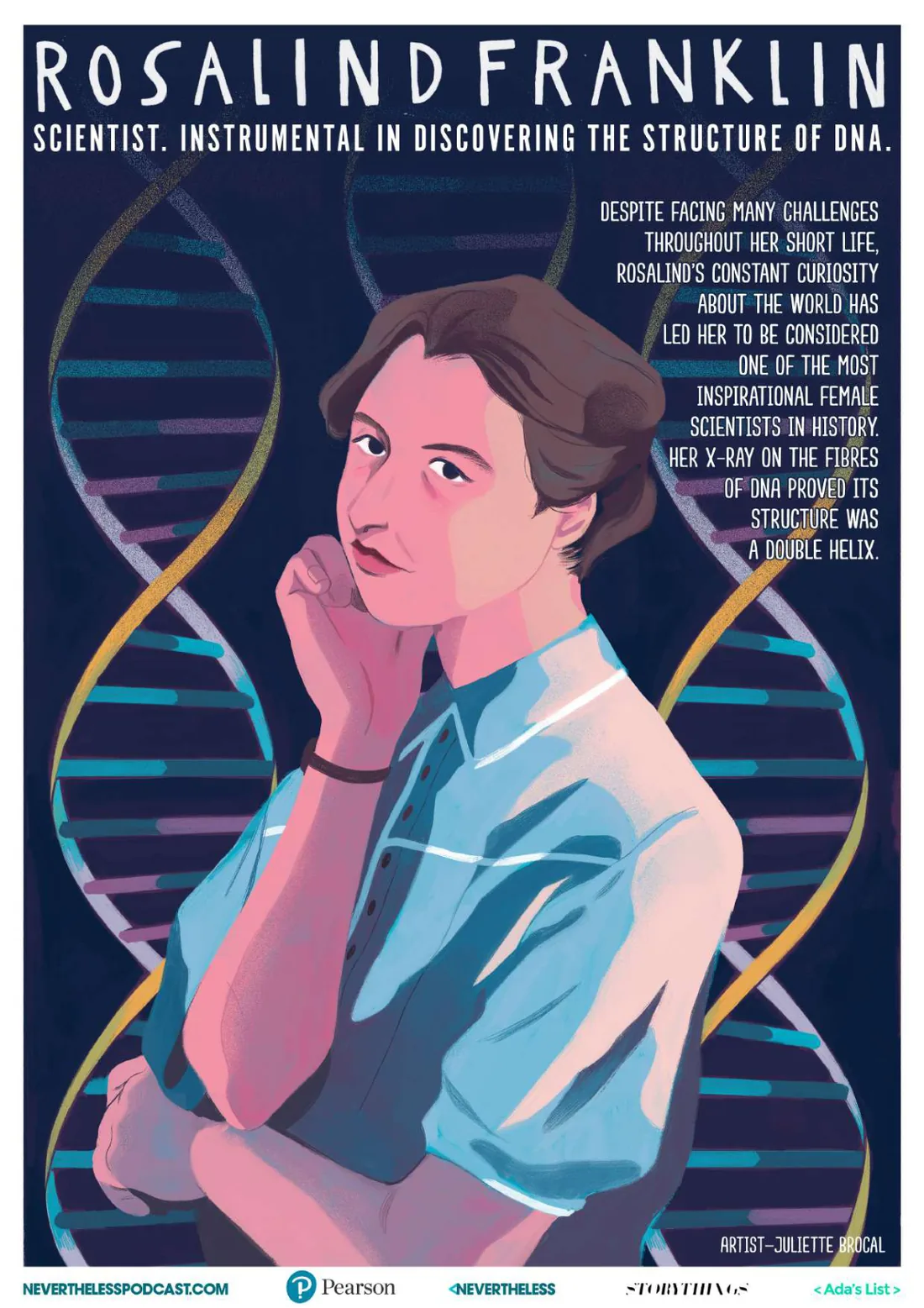 Póster ilustrado de Rosalind Franklin sobre una doble hélice de ADN, de la serie Nevertheless (texto en inglés), ilustrado por Juliette Brocal