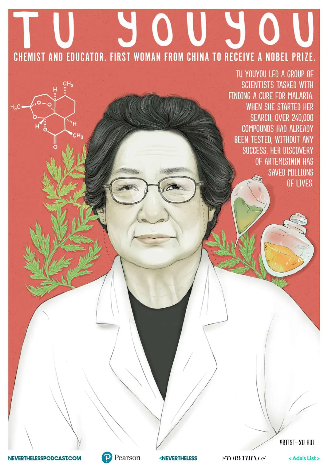 Póster ilustrado de Tu Youyou, química china que descubrió la artemisinina contra la malaria y primera mujer china en recibir un Nobel, ilustrado por Xu Hui