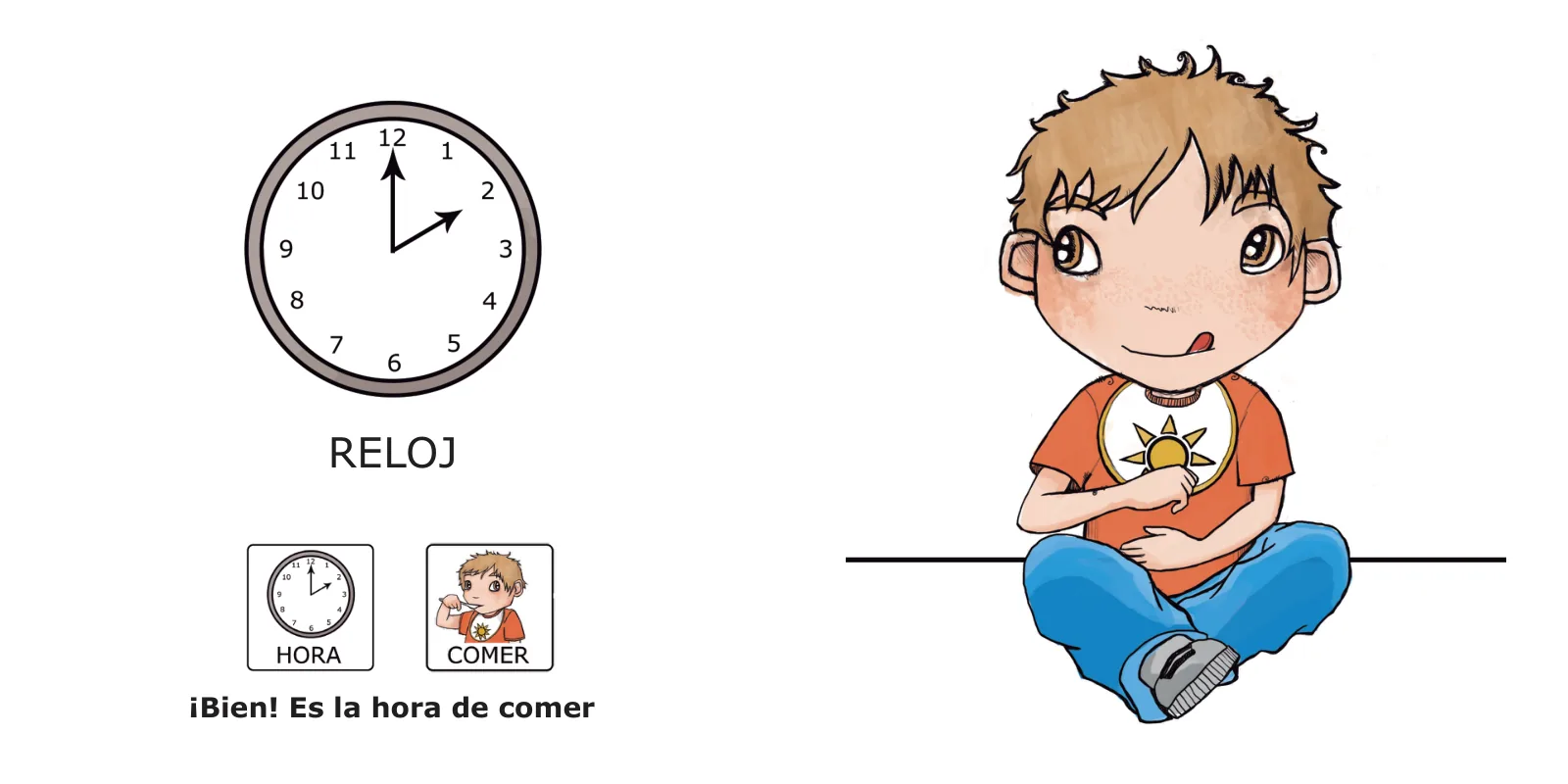 La comida de José: José, sentado con un babero de sol, se relame junto a un reloj que marca las dos y el texto «¡Bien! Es la hora de comer»