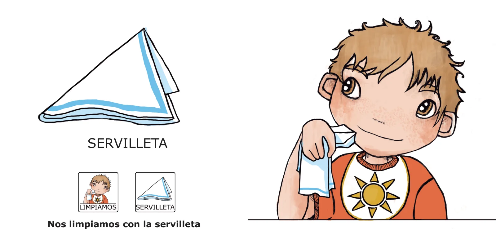 La comida de José: José se limpia la boca con una servilleta blanca y azul, con el texto «Nos limpiamos con la servilleta»