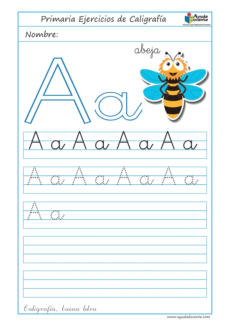 Página 1 del cuaderno de caligrafía: la vocal A con una abeja