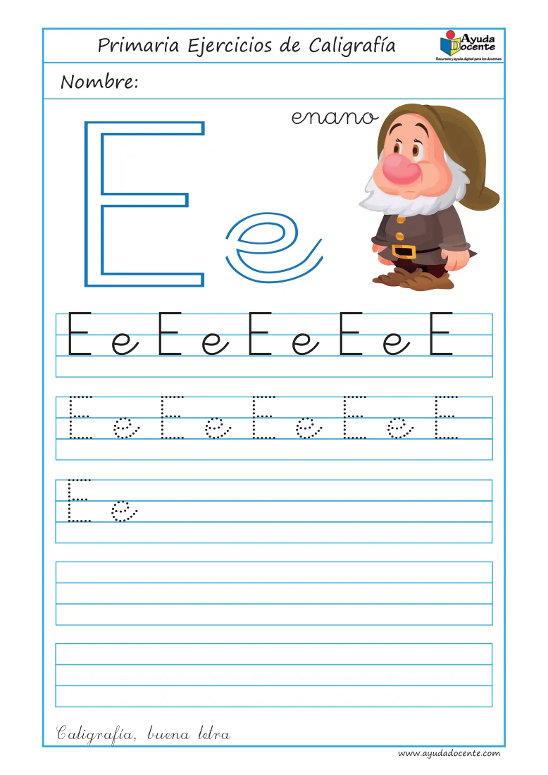 Página 2 del cuaderno de caligrafía: la vocal E con un enano