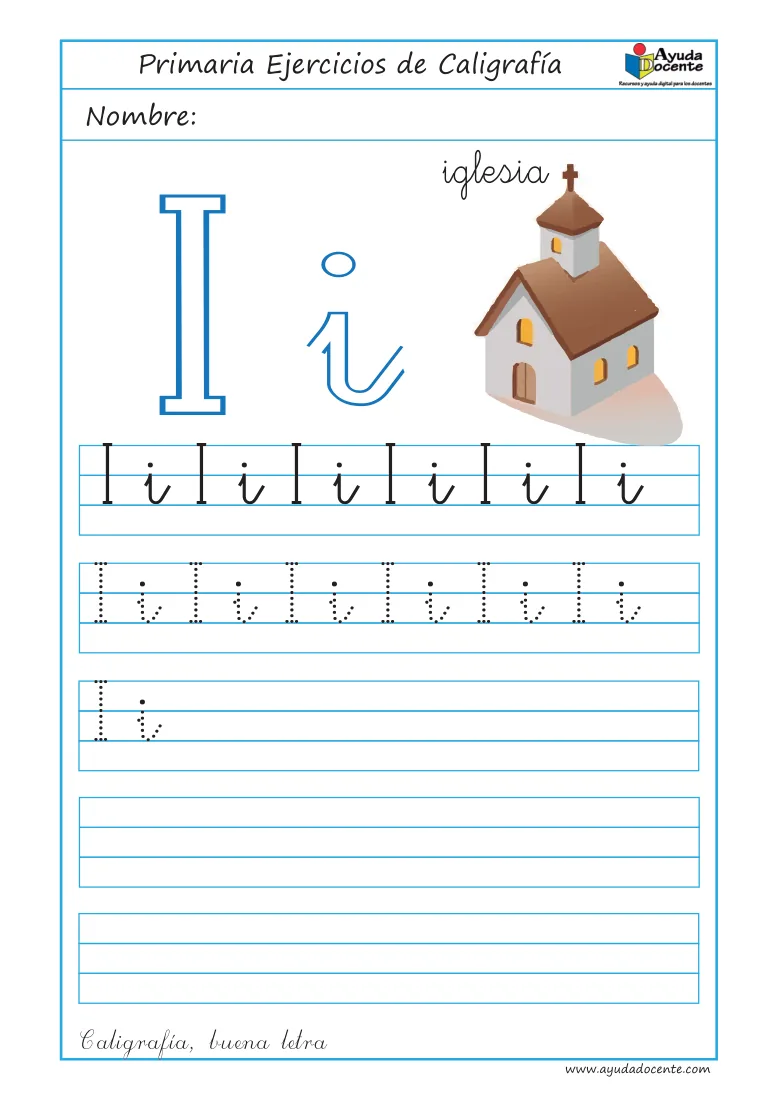 Página 3 del cuaderno de caligrafía: la vocal I con una iglesia