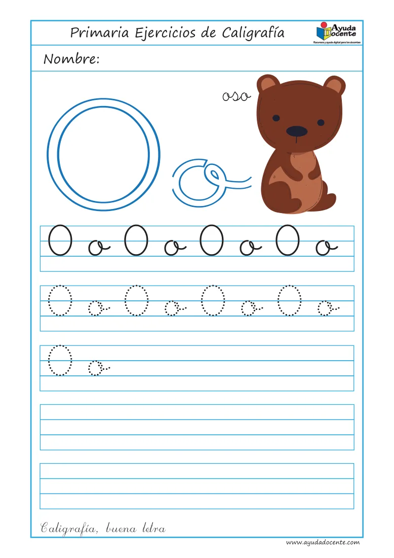 Página 4 del cuaderno de caligrafía: la vocal O con un oso