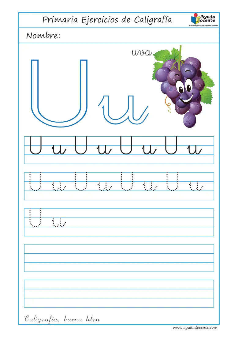 Página 5 del cuaderno de caligrafía: la vocal U con unas uvas