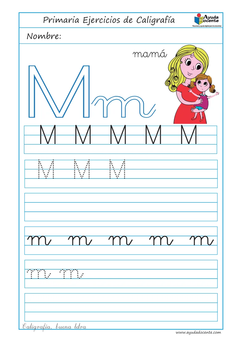 Página 6 del cuaderno de caligrafía: la letra M con mamá