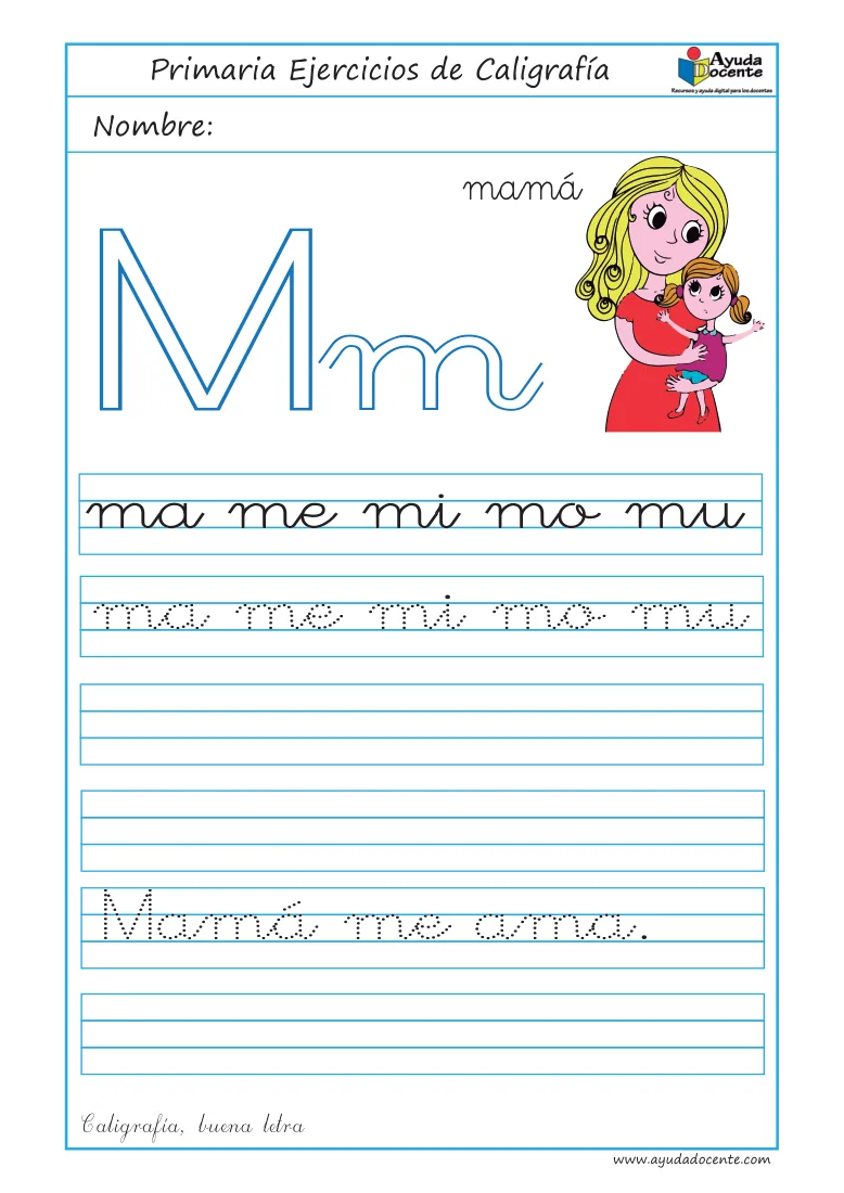 Página 7 del cuaderno de caligrafía: sílabas y palabras con la letra M