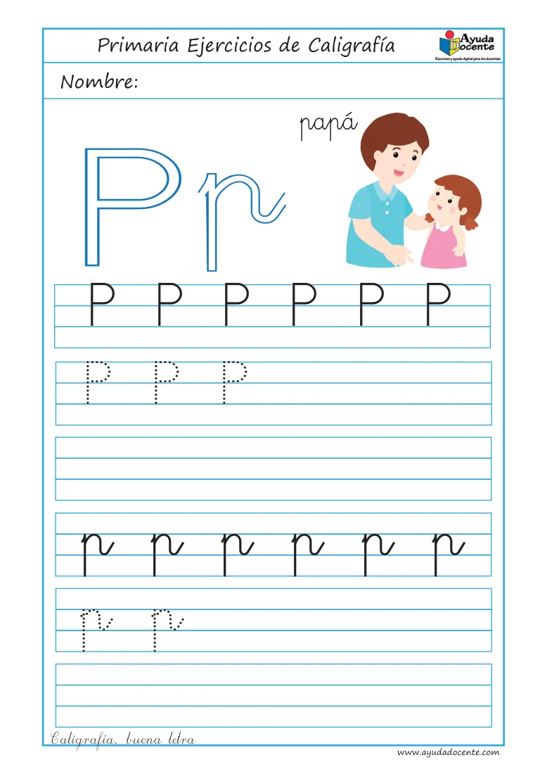Página 8 del cuaderno de caligrafía: la letra P con papá