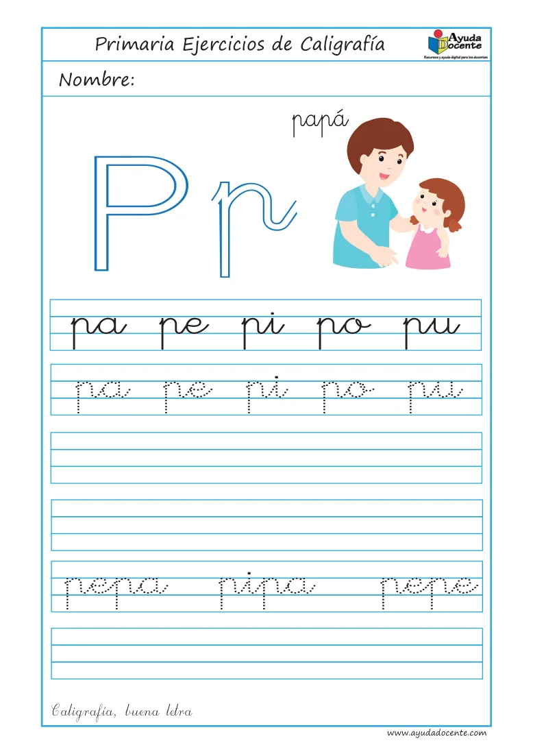 Página 9 del cuaderno de caligrafía: sílabas y palabras con la letra P