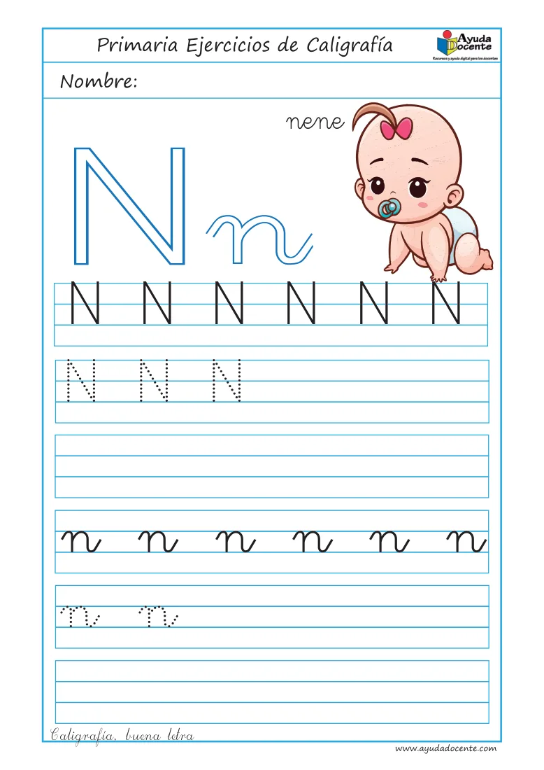 Página 10 del cuaderno de caligrafía: la letra N con un bebé (nene)