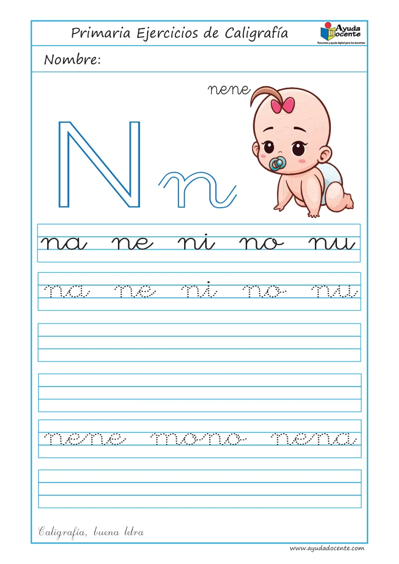 Página 11 del cuaderno de caligrafía: sílabas y palabras con la letra N