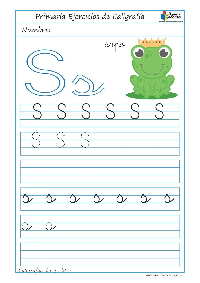Página 12 del cuaderno de caligrafía: la letra S con un sapo
