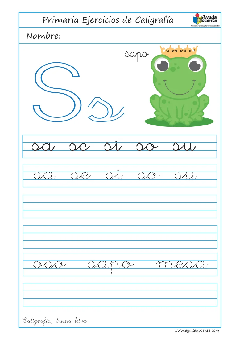 Página 13 del cuaderno de caligrafía: sílabas y palabras con la letra S