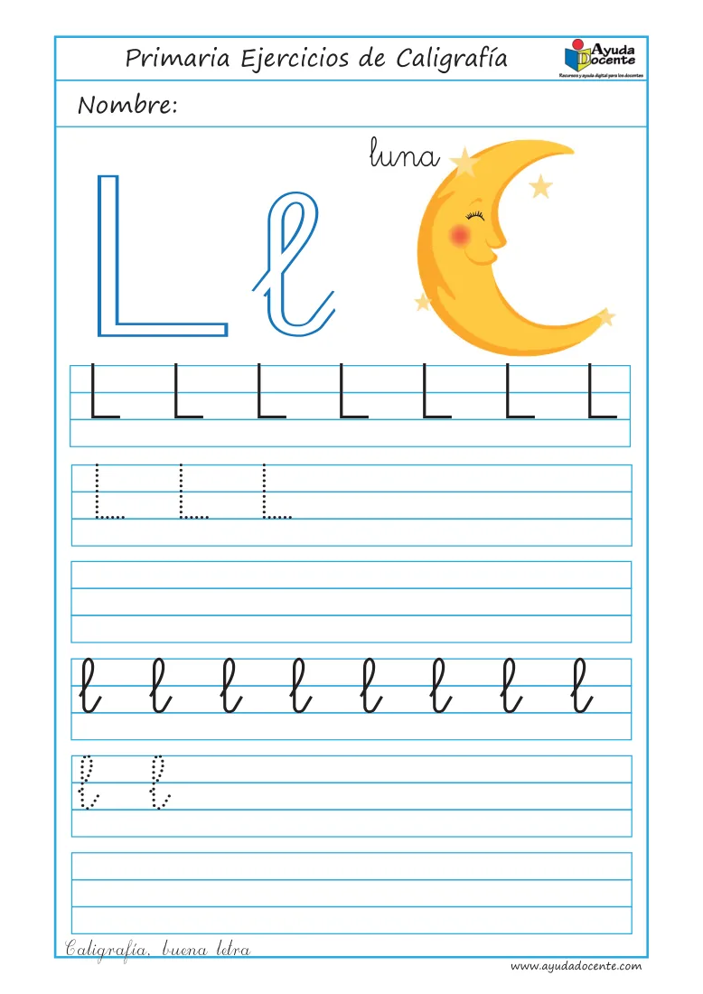 Página 14 del cuaderno de caligrafía: la letra L con la luna