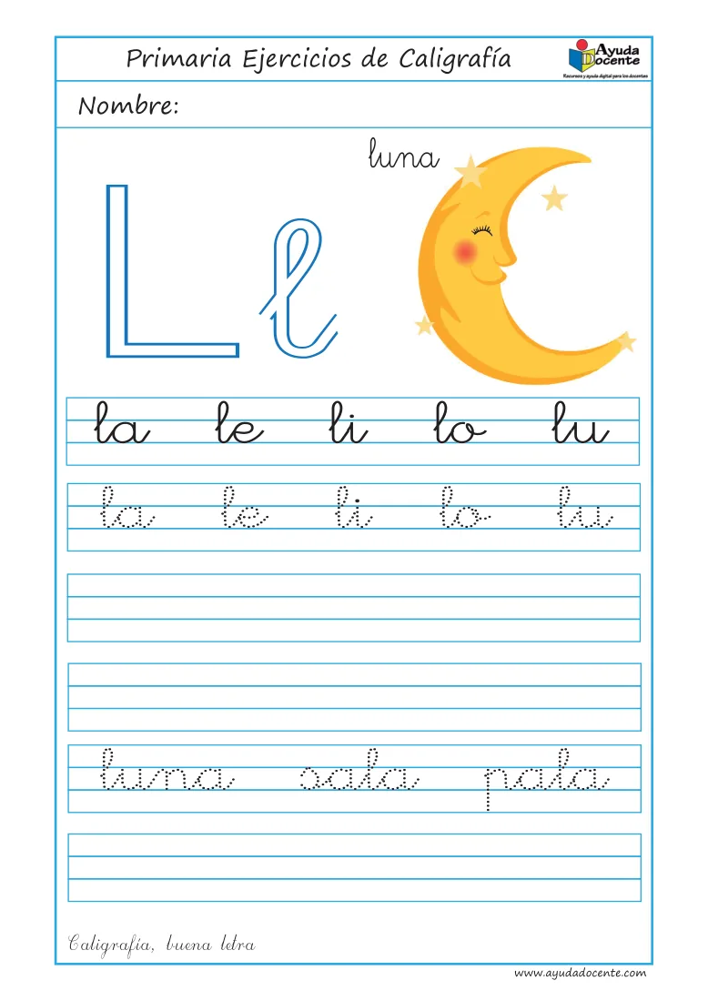 Página 15 del cuaderno de caligrafía: sílabas y palabras con la letra L