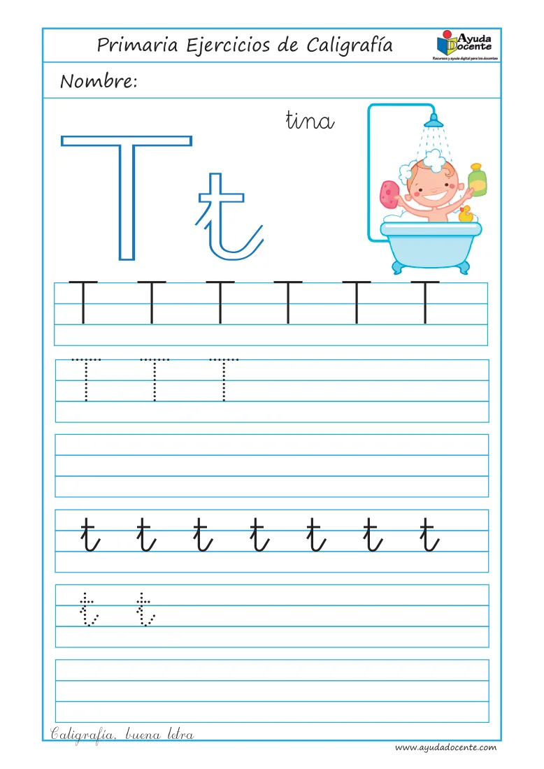 Página 16 del cuaderno de caligrafía: la letra T con un niño en la tina