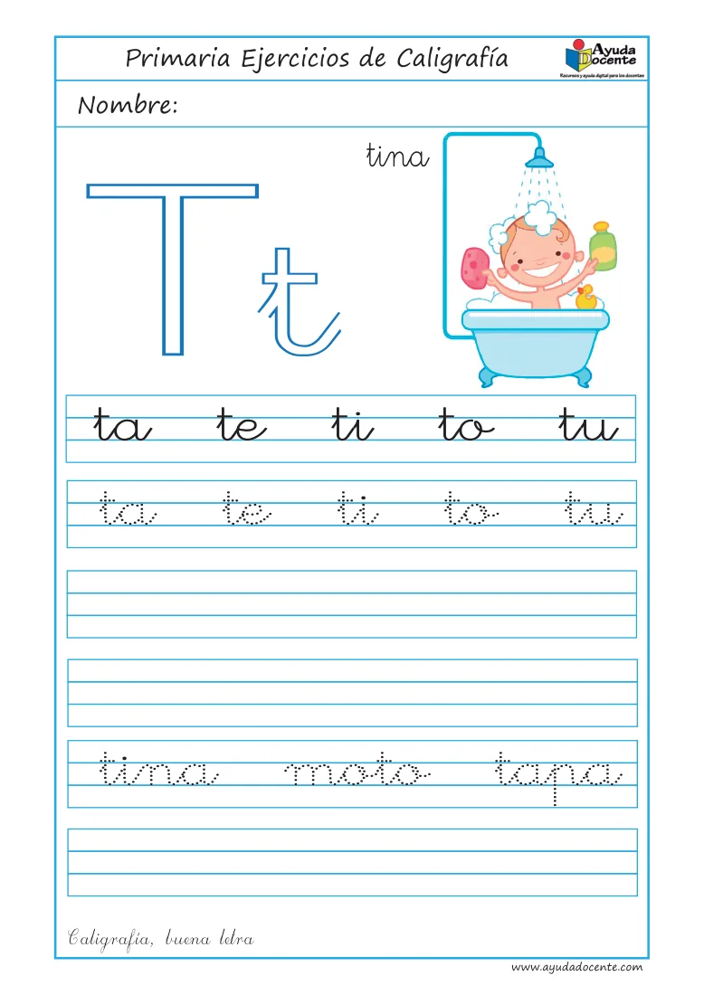 Página 17 del cuaderno de caligrafía: sílabas y palabras con la letra T