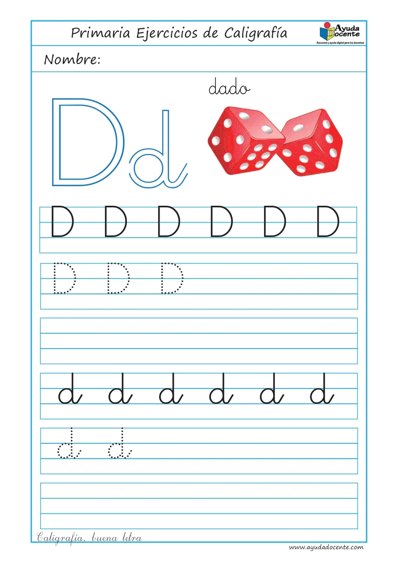 Página 18 del cuaderno de caligrafía: la letra D con unos dados