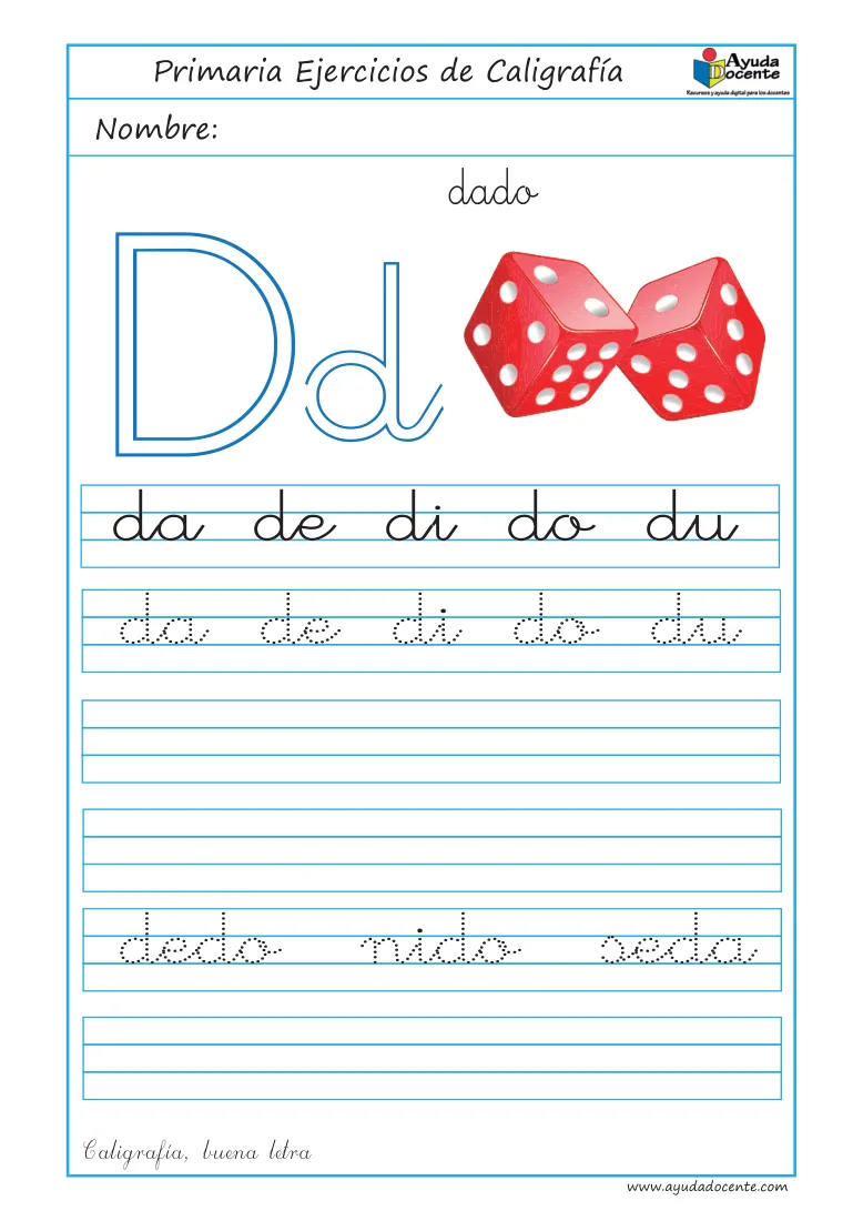 Página 19 del cuaderno de caligrafía: sílabas y palabras con la letra D