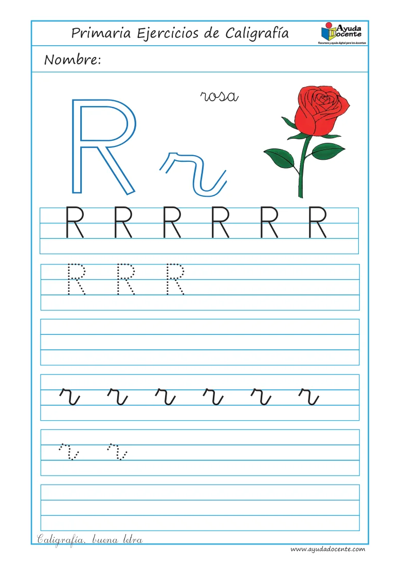 Página 20 del cuaderno de caligrafía: la letra R con una rosa