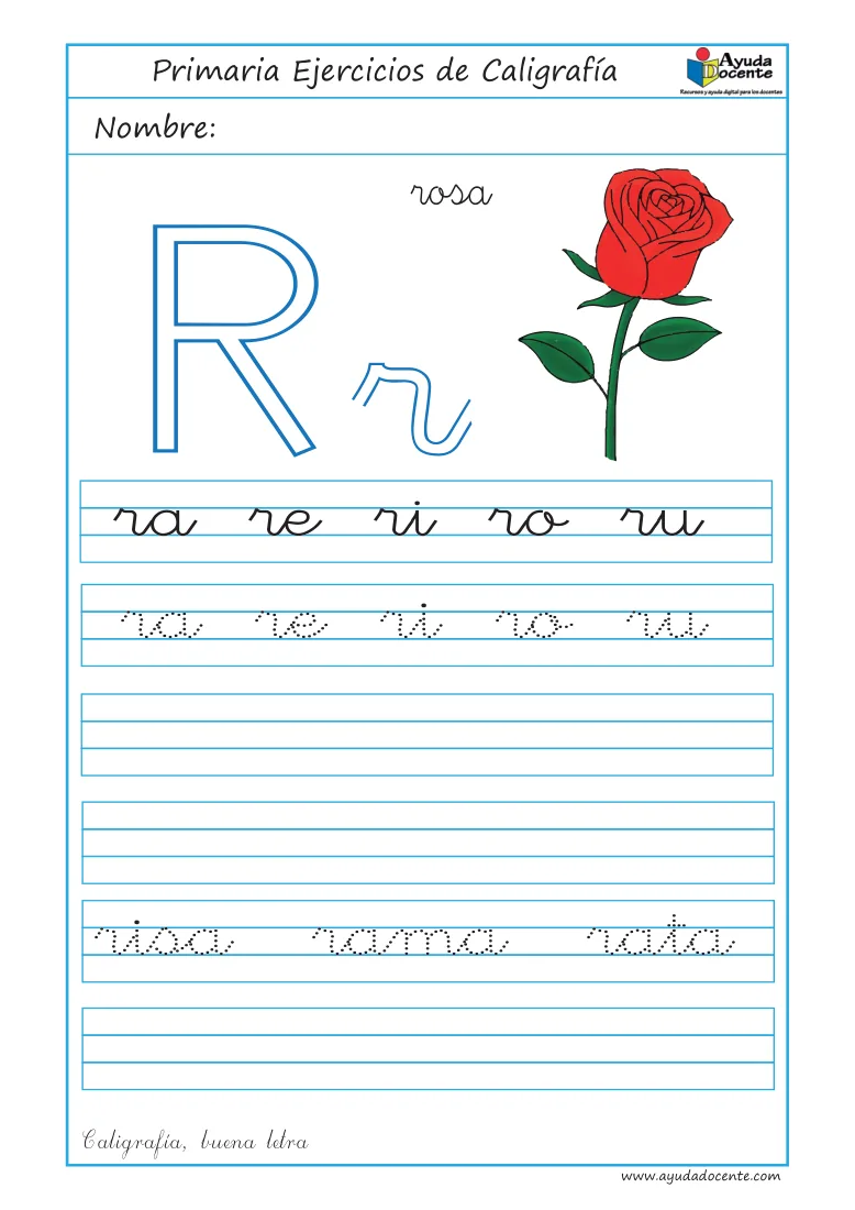 Página 21 del cuaderno de caligrafía: sílabas y palabras con la letra R