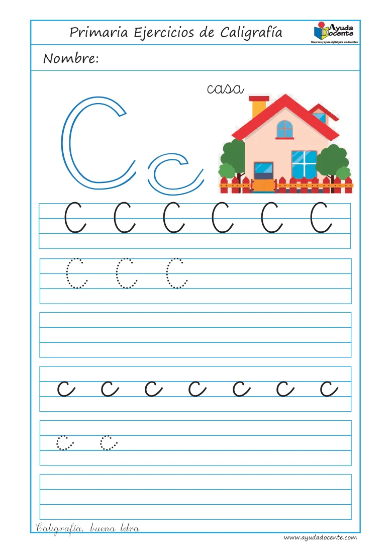 Página 22 del cuaderno de caligrafía: la letra C con una casa