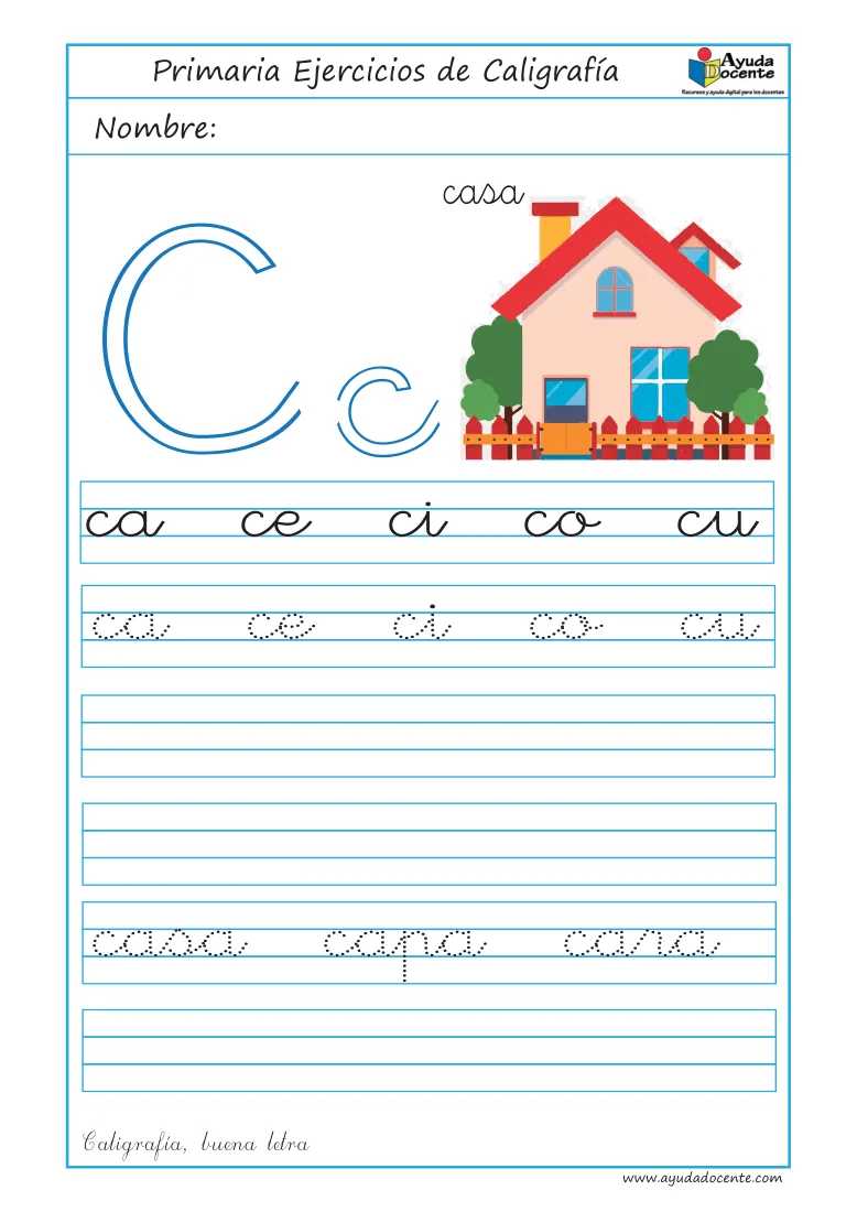 Página 23 del cuaderno de caligrafía: sílabas y palabras con la letra C