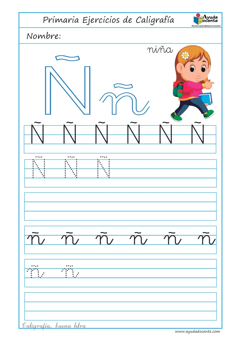 Página 24 del cuaderno de caligrafía: la letra Ñ con una niña
