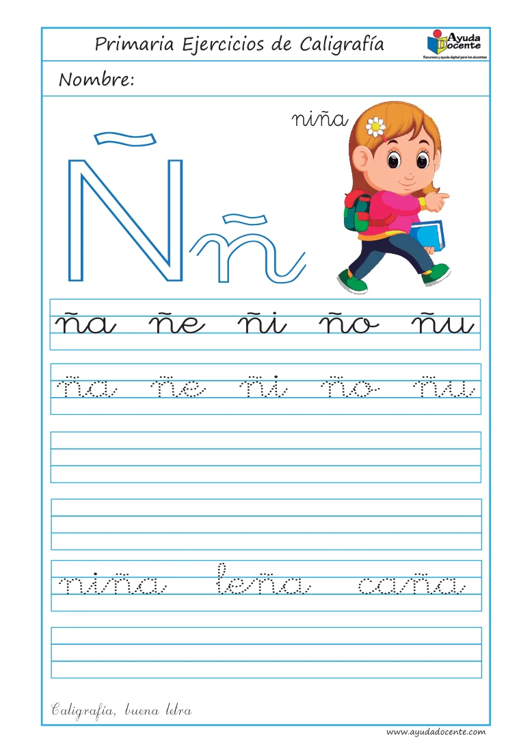 Página 25 del cuaderno de caligrafía: sílabas y palabras con la letra Ñ