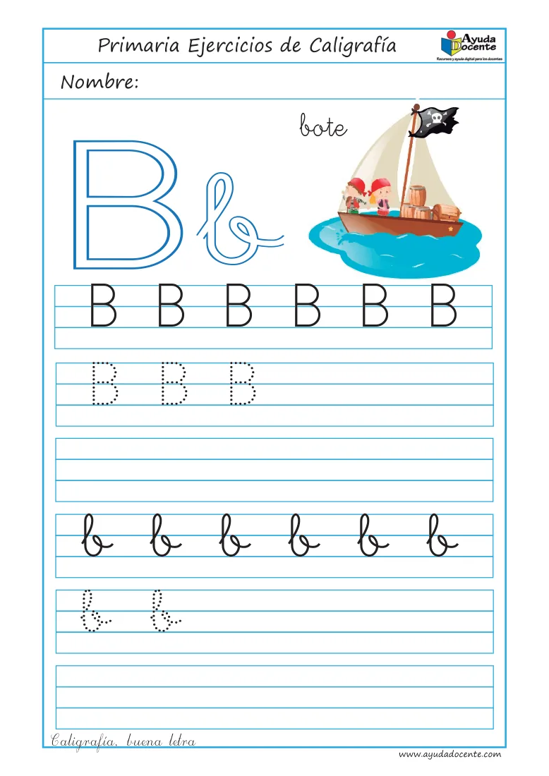 Página 26 del cuaderno de caligrafía: la letra B con un bote