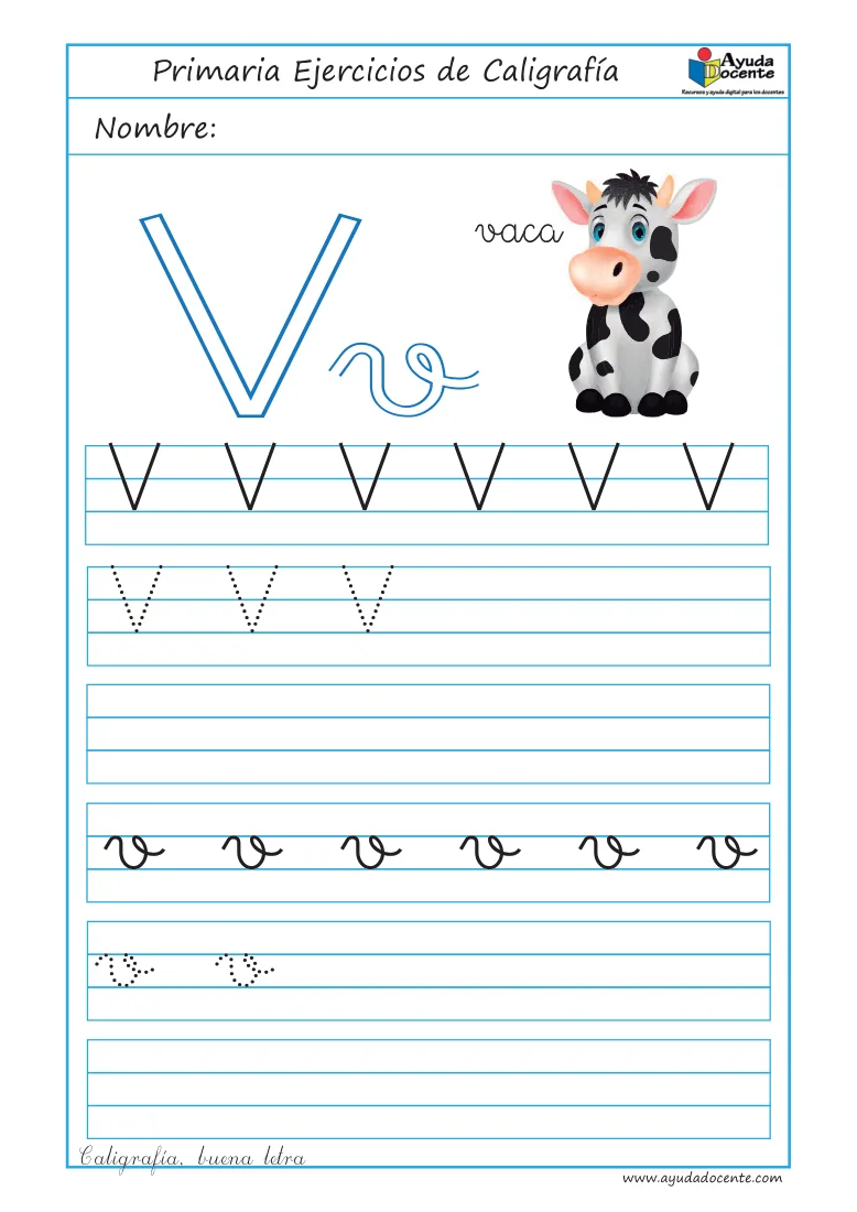 Página 28 del cuaderno de caligrafía: la letra V con una vaca