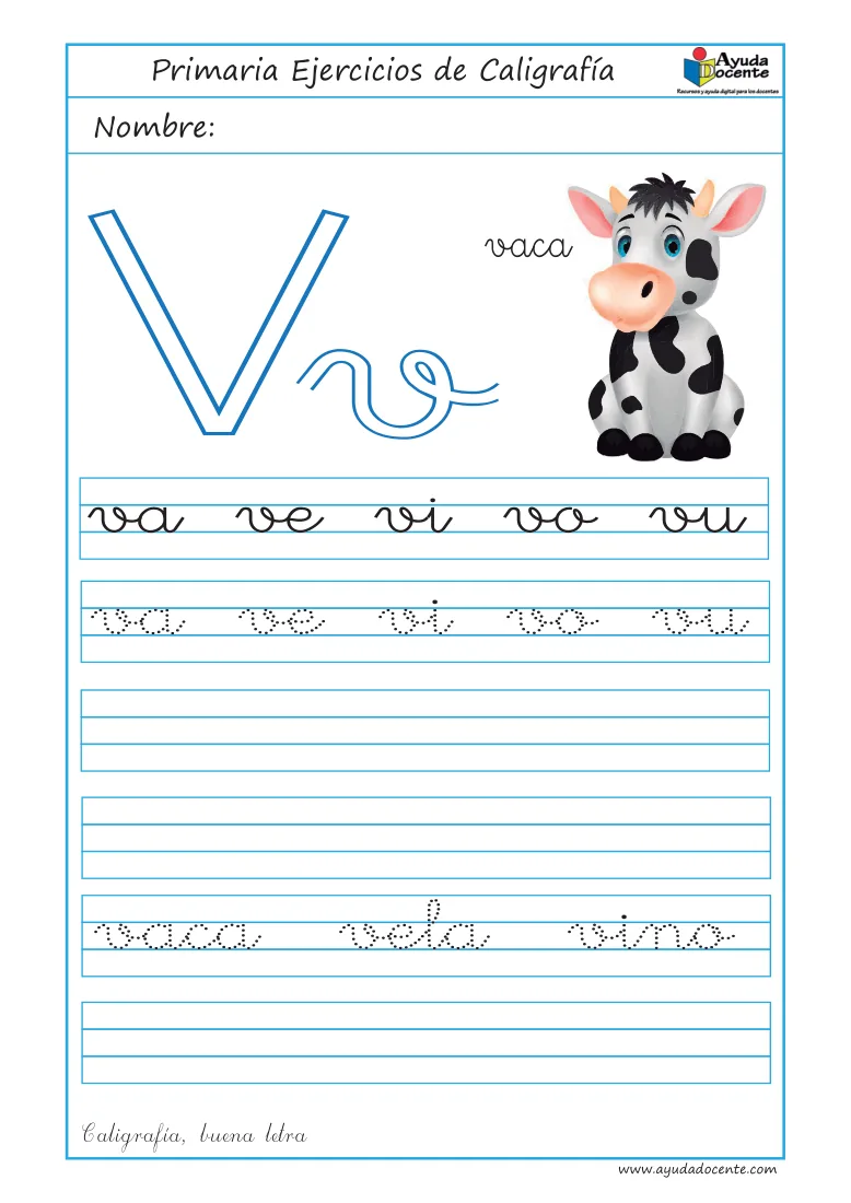 Página 29 del cuaderno de caligrafía: sílabas y palabras con la letra V