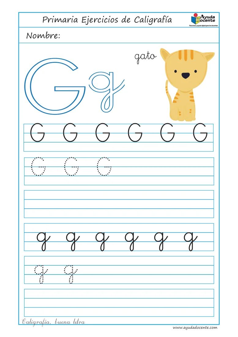 Página 30 del cuaderno de caligrafía: la letra G con un gato
